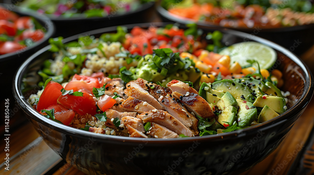 Healthy salad bowl with quinoa tomatoes chicken Healthy salad bowl with quinoa tomatoes chicken