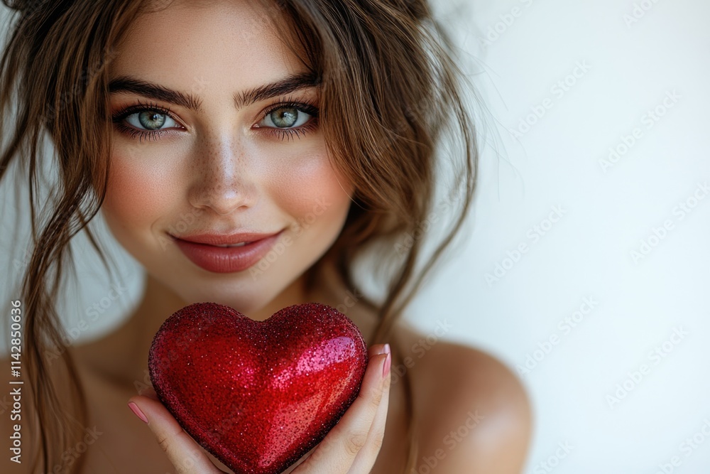 A woman holds a red heart in her hands, symbolizing love and affection A woman holds a red heart in her hands, symbolizing love and affection