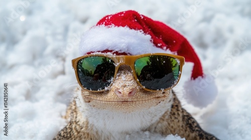 A lizard donning sunglasses and a Santa hat, perfect for holiday-themed illustrations or creative projects photo