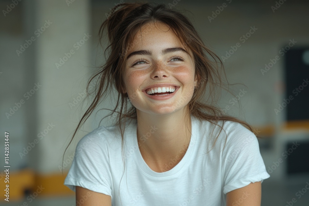 A woman wearing a white shirt smiles directly at the camera, conveying a sense of happiness and approachability A woman wearing a white shirt smiles directly at the camera, conveying a sense of happiness and approachability