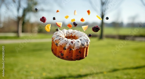 Floating fruitcake with flying dried fruits, set in grassy park on sunny day