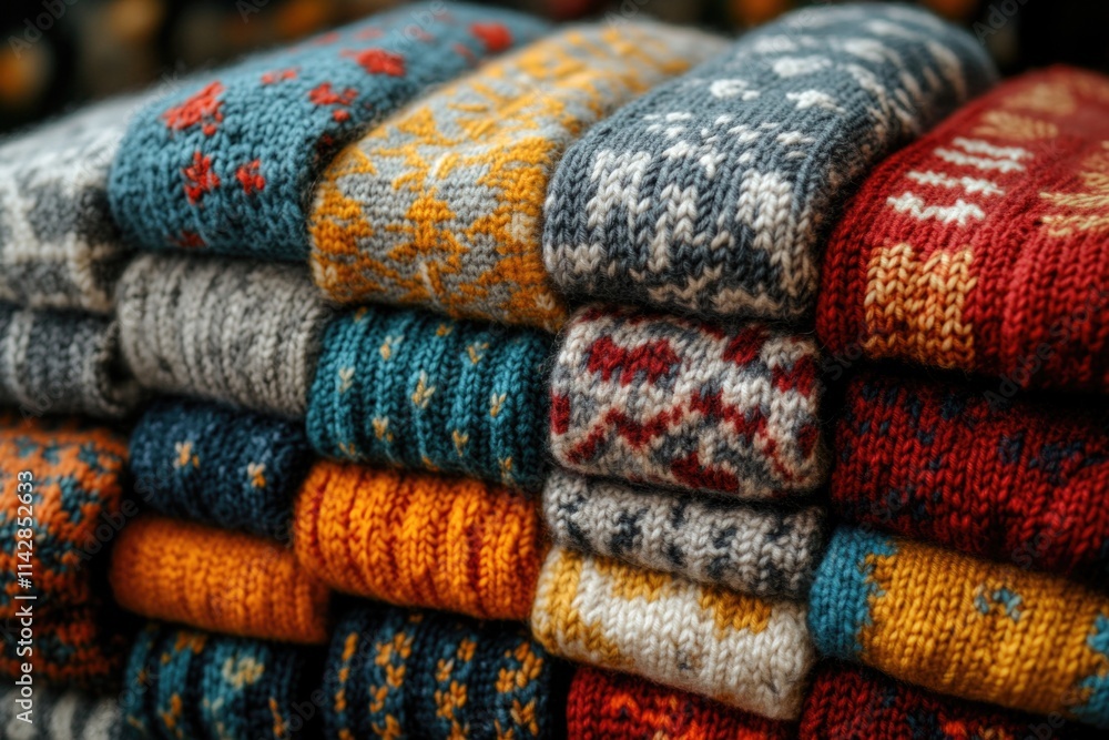 A colorful pile of hand-knitted socks stacked high A colorful pile of hand-knitted socks stacked high