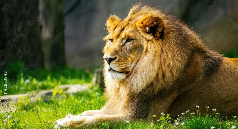 Majestic lion resting on green grass, looking alert and regal Majestic lion resting on green grass, looking alert and regal