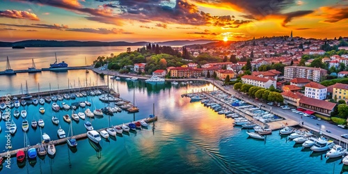 Portoroz Harbor Slovenia: Stunning Aerial View, Yacht Marina, Adriatic Coastline, Sunset, Boats, Sea, Tourism, Travel