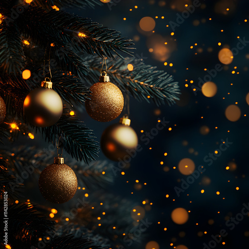 
christmas tree branches with Yellow and gold Christmas balls on top and bottom of the image, Dark background with blur lights, 4K, photography

