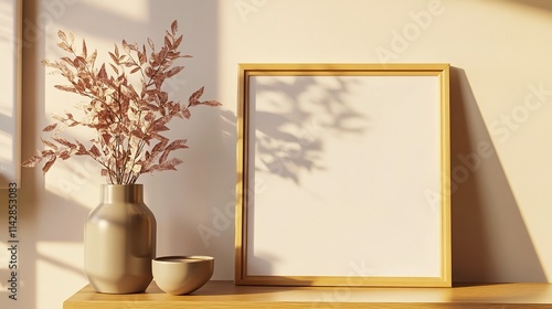 Mock-up frame standing on a commode in a warm beige home interior close up, featuring a picture frame, 3D render