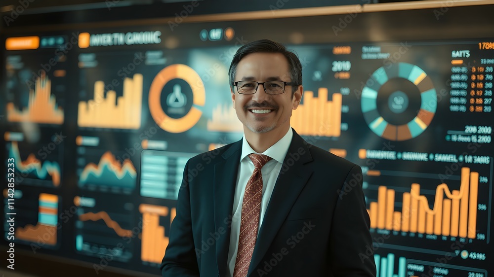 Businessman Success with Data Analytics Display Businessman Success with Data Analytics Display