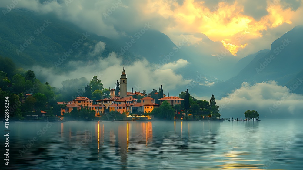 Naklejka premium Sunrise over a misty lake island town with mountains.