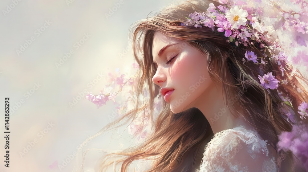 Fototapeta premium graceful young woman, her long wavy hair adorned with delicate wildflowers, exudes natural beauty and serenity in soft pastel hues