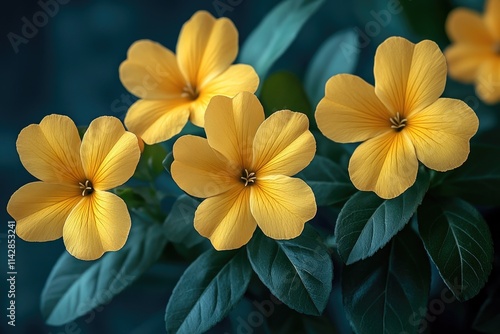 A cluster of bright yellow flowers with lush green leaves photo