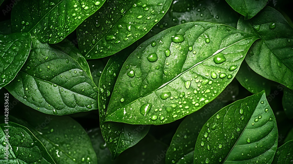 Lush green leaves with dew drops. Lush green leaves with dew drops.