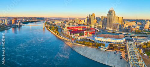 Aerial Panorama of Cincinnati Skyline with Ohio River at Golden Hour photo