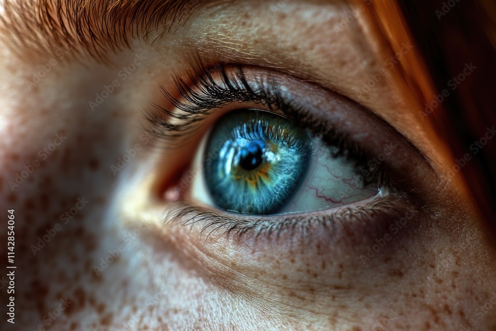 Close-up shot of a human eye with visible freckles, ideal for use in medical or beauty-related contexts Close-up shot of a human eye with visible freckles, ideal for use in medical or beauty-related contexts