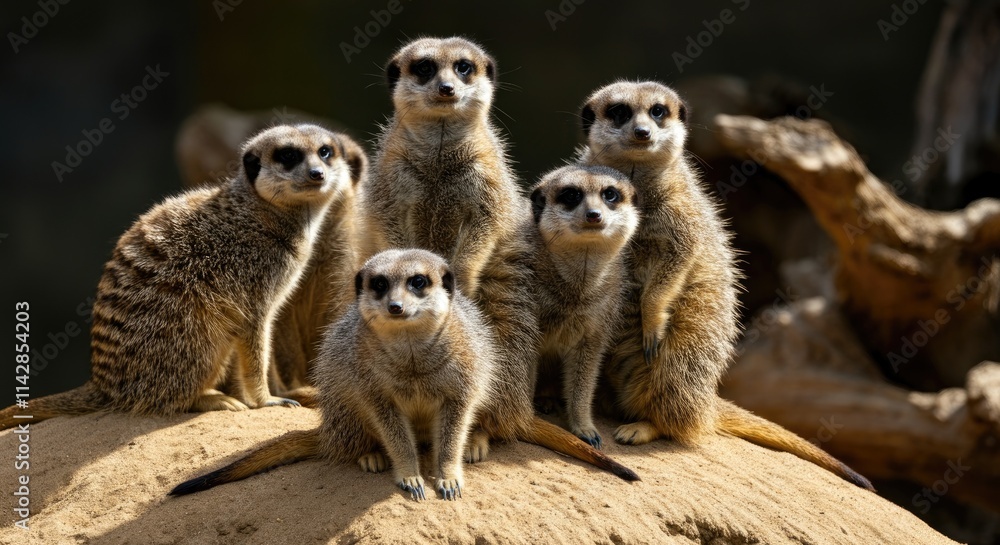 Five meerkats pose on mound, alert and vigilant Five meerkats pose on mound, alert and vigilant