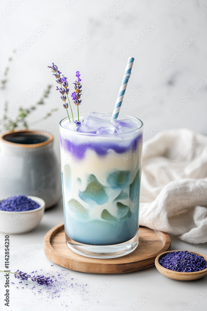 Iced Lavender Blue Latte with Creamy Milk and Floral Lavender in Elegant Glass Iced Lavender Blue Latte with Creamy Milk and Floral Lavender in Elegant Glass