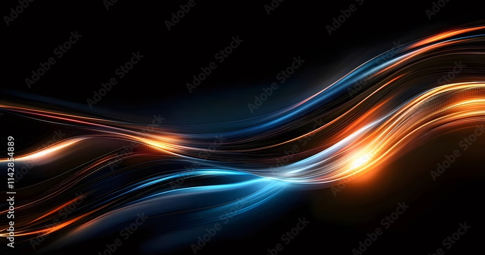 Abstract glowing waves, orange and blue light streaks on black background. Abstract glowing waves, orange and blue light streaks on black background.