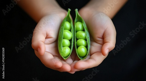 Opened pea pod in children's hands on a black background