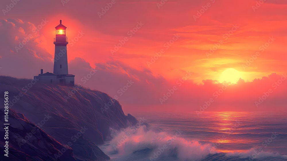Majestic lighthouse standing on a cliff, bathed in the warm hues of sunset, overlooking a calm ocean below Majestic lighthouse standing on a cliff, bathed in the warm hues of sunset, overlooking a calm ocean below