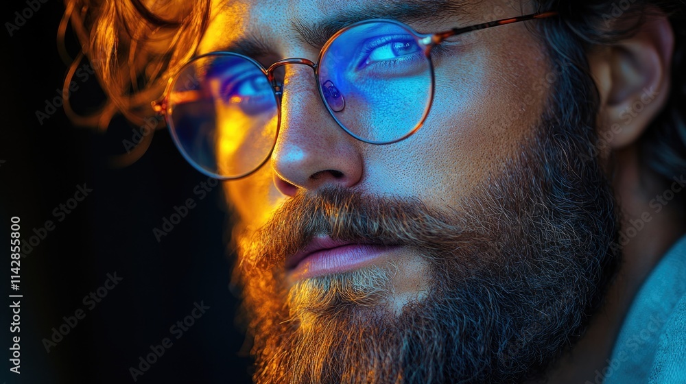 A close-up of a man wearing glasses and a beard looking directly into the camera A close-up of a man wearing glasses and a beard looking directly into the camera