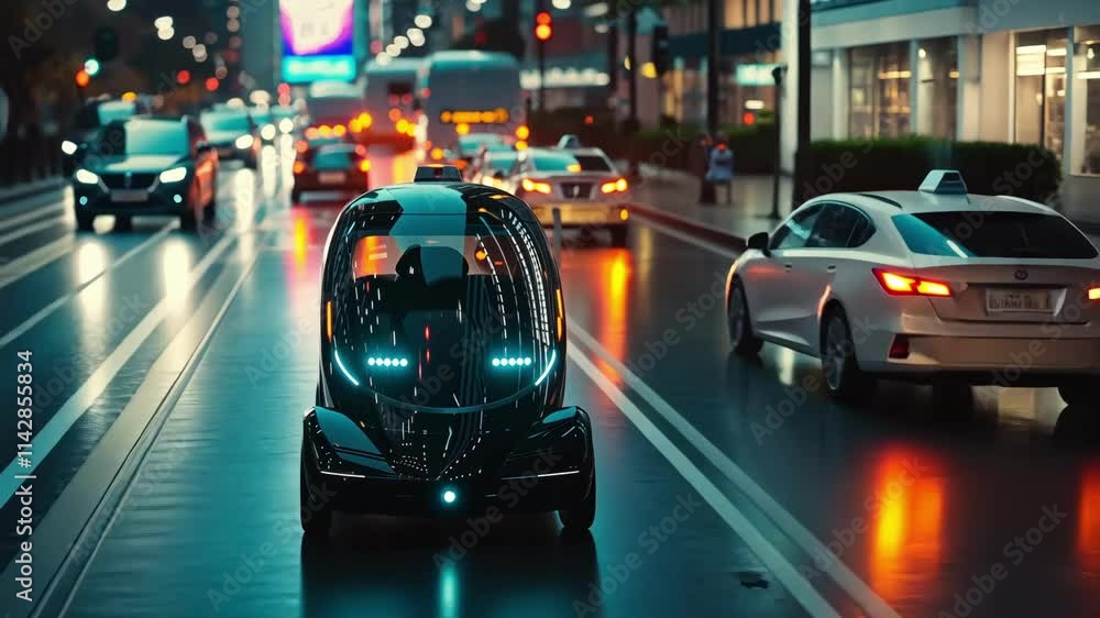 Autonomous Vehicle Navigating Rainy Night Streets with Neon City Lights Reflecting on Wet Roads Autonomous Vehicle Navigating Rainy Night Streets with Neon City Lights Reflecting on Wet Roads