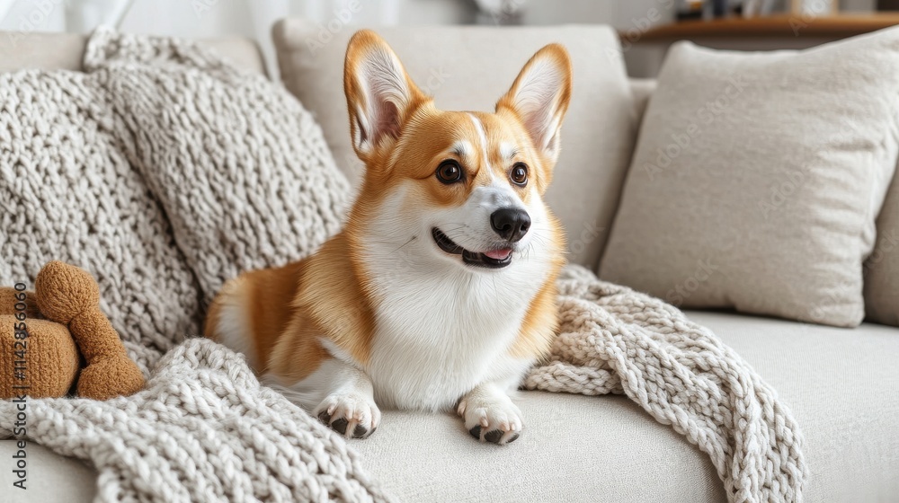 Adorable corgi sitting on light-colored couch with soft cushions Adorable corgi sitting on light-colored couch with soft cushions