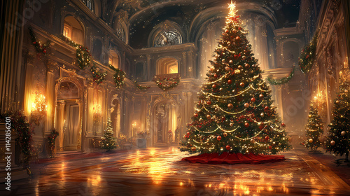 Wallpaper Mural Majestic christmas tree adorned with sparkling ornaments stands resplendent in the grand hall of a lavish palace. Resplendent. Illustration Torontodigital.ca
