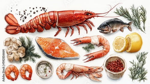 Various types of seafood arranged on a white surface photo