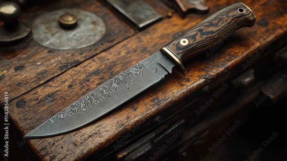 A single knife placed on top of a wooden table A single knife placed on top of a wooden table