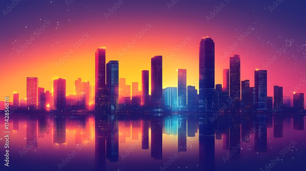 Colorful city skyline glowing under twilight, with illuminated building reflecting on calm water in a picturesque urban scene Colorful city skyline glowing under twilight, with illuminated building reflecting on calm water in a picturesque urban scene