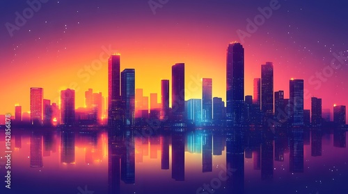 Colorful city skyline glowing under twilight, with illuminated building reflecting on calm water in a picturesque urban scene