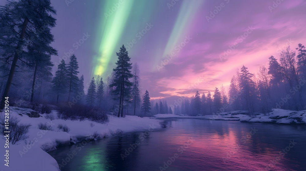 Northern lights glowing in vibrant green and purple hue over a snowy forest landscape with a calm river under a winter night sky Northern lights glowing in vibrant green and purple hue over a snowy forest landscape with a calm river under a winter night sky