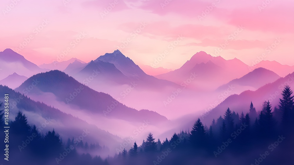 Misty mountain range surrounded by pine forest under a dreamy pink purple sky with soft light and serene atmosphere Misty mountain range surrounded by pine forest under a dreamy pink purple sky with soft light and serene atmosphere