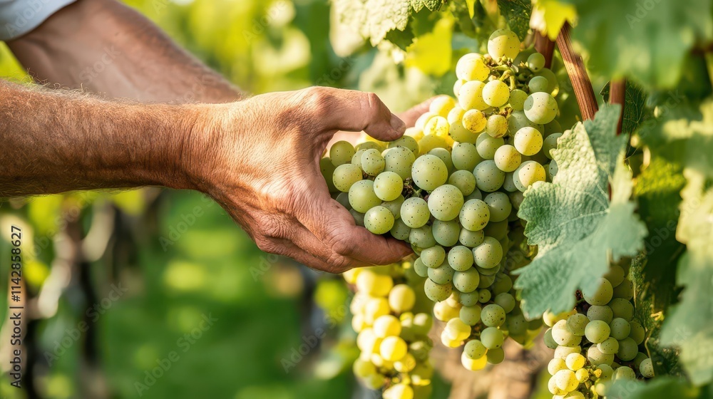 Obraz premium hands of a farmer gently picking grapes, vivid green vineyard backdrop, sunlit and abundant harvest, rustic and organic feel, celebration of agriculture