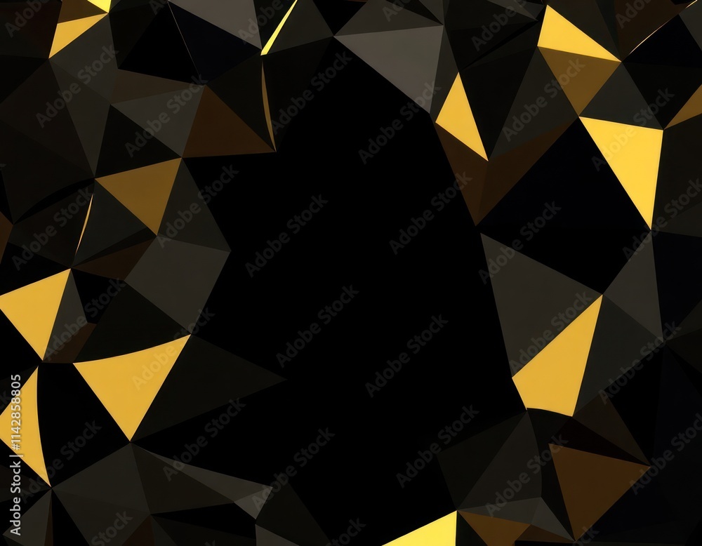 Abstract 3D graphic design background with golden triangle shapes on black background. Modern luxurious visual pattern. Elegant geometric illustration. Luxurious shiny surface with facets. Dark Abstract 3D graphic design background with golden triangle shapes on black background. Modern luxurious visual pattern. Elegant geometric illustration. Luxurious shiny surface with facets. Dark
