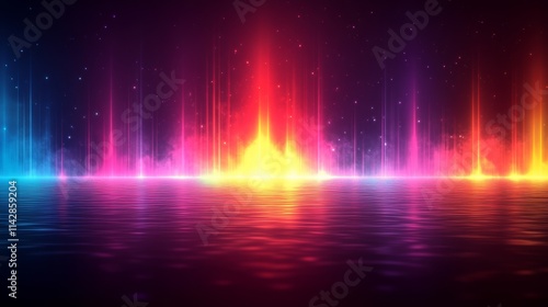 A vibrant digital artwork showcasing colorful waves reflecting over a tranquil water surface.