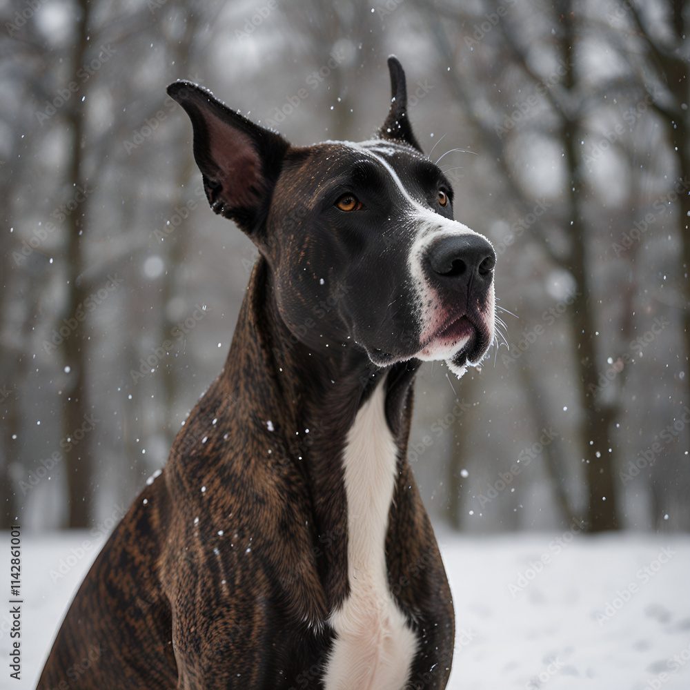 Majestic Great Dane standing in the snow with a serene expression surrounded by falling snowflakes Majestic Great Dane standing in the snow with a serene expression surrounded by falling snowflakes