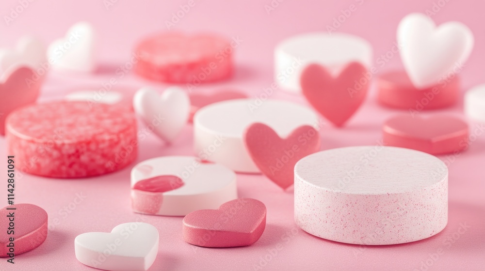 A collection of pink and white hearts on a pink surface, perfect for Valentine's Day or romantic celebrations A collection of pink and white hearts on a pink surface, perfect for Valentine's Day or romantic celebrations