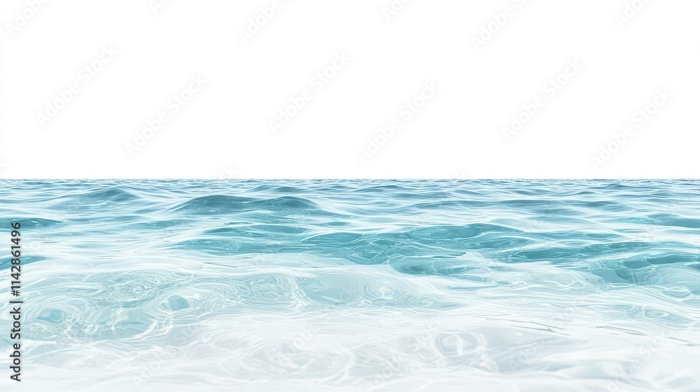 Obraz premium crystal clear ocean water surface, isolated on a white background, showcasing tranquil blue hues and gentle ripples, offering a calming and serene visual experience