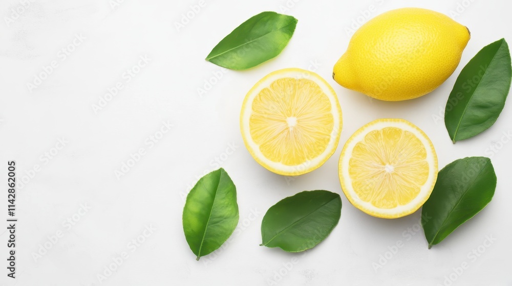 Fresh Lemon Slices with Leaves: A vibrant image of a whole lemon, two slices, and green leaves scattered on a clean surface, perfect for refreshing visuals. Fresh Lemon Slices with Leaves: A vibrant image of a whole lemon, two slices, and green leaves scattered on a clean surface, perfect for refreshing visuals.