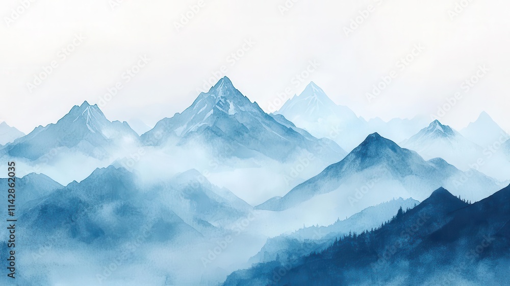 delicate watercolor illustration of majestic high mountains, showcasing various shades of blue and grey, capturing the tranquility and grandeur of nature delicate watercolor illustration of majestic high mountains, showcasing various shades of blue and grey, capturing the tranquility and grandeur of nature
