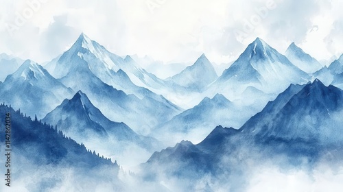 delicate watercolor illustration of majestic high mountains, showcasing various shades of blue and grey, capturing the tranquility and grandeur of nature