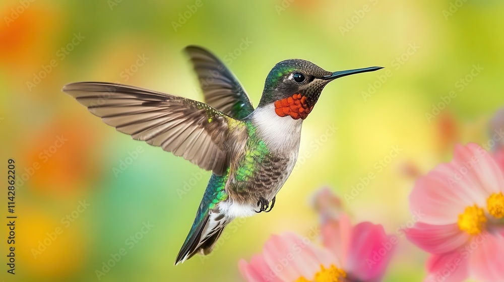 Obraz premium hummingbird in mid-flight, its iridescent feathers shimmering in sunlight, capturing the beauty and grace of nature with a blurred floral background enhancing its vibrant colors