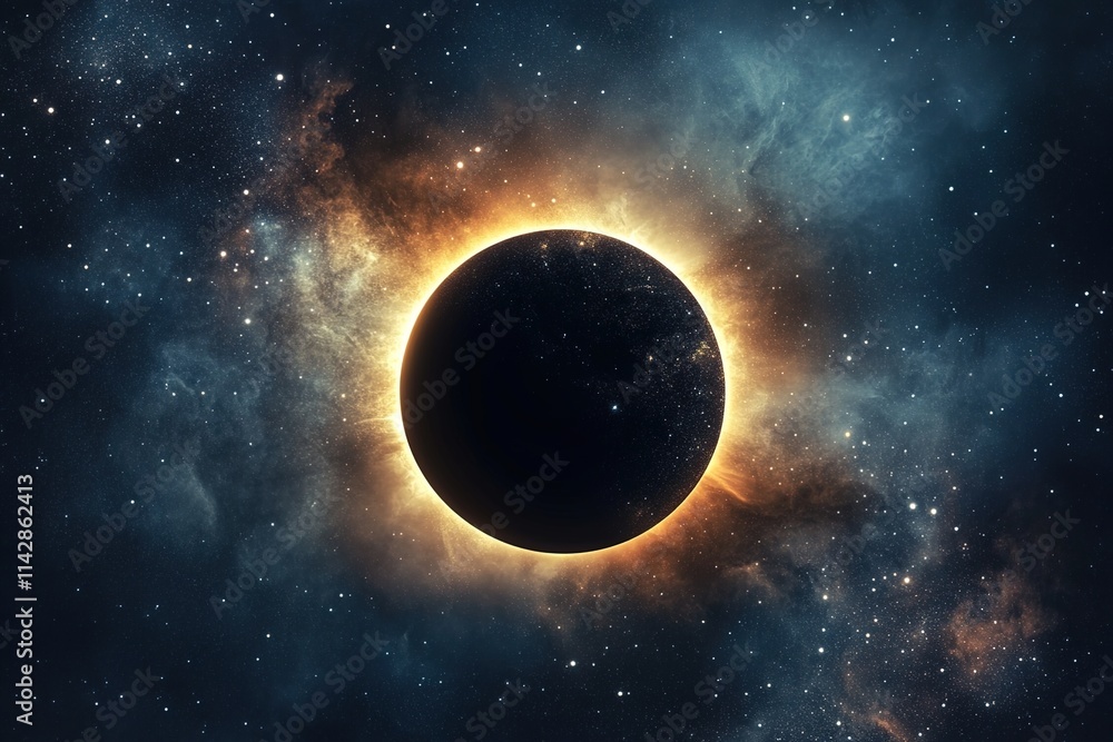 Obraz premium A solar eclipse with the sun being blacked out by Earth's shadow, surrounded by stars and nebulae in space.