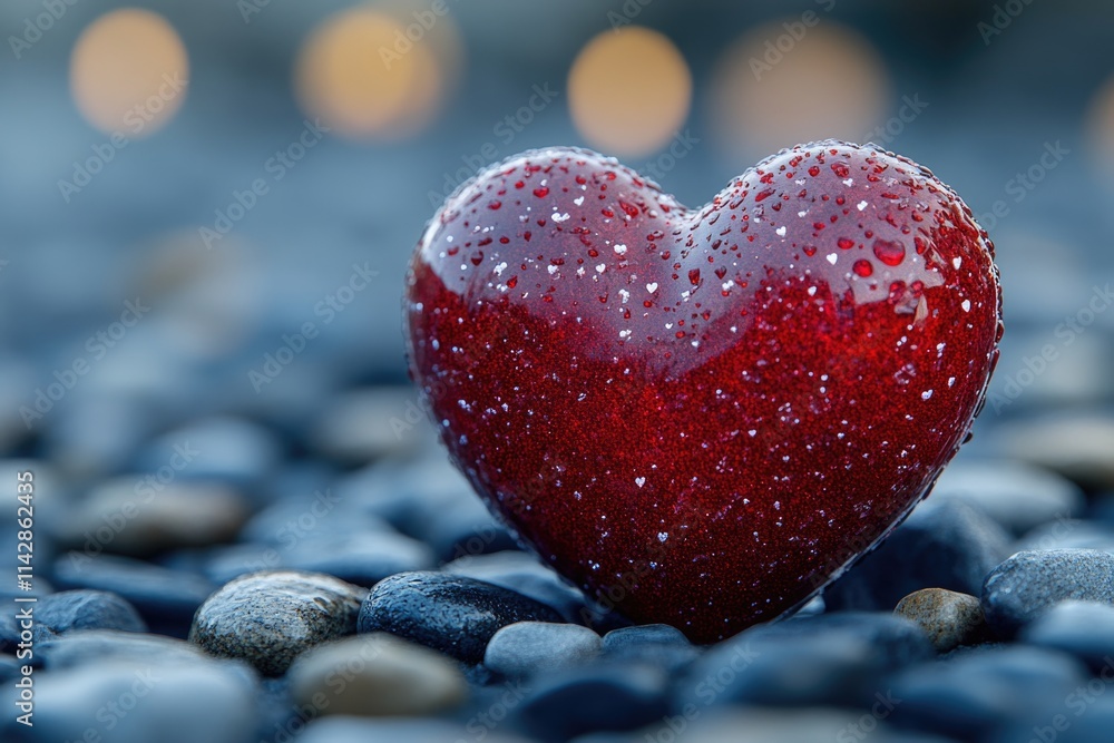 Obraz premium A red heart sits atop a pile of rocks, conveying love and resilience