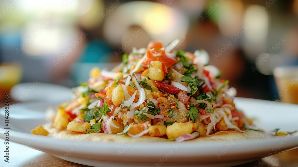 delightful indian chaat served on a pristine white plate, garnished with colorful toppings, set against a softly blurred restaurant background, celebrating culinary diversity and flavor delightful indian chaat served on a pristine white plate, garnished with colorful toppings, set against a softly blurred restaurant background, celebrating culinary diversity and flavor