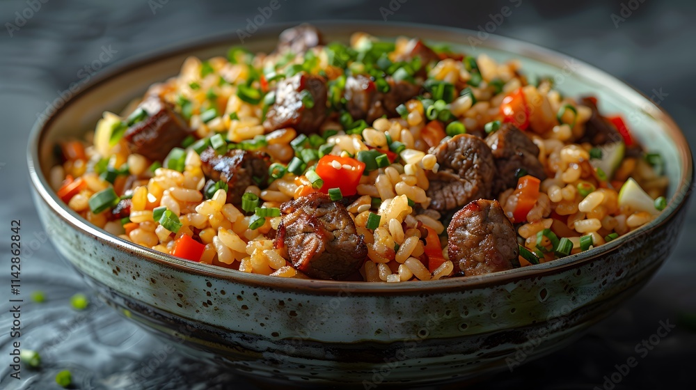 Beef fried rice visual flat design side view Beef fried rice visual flat design side view