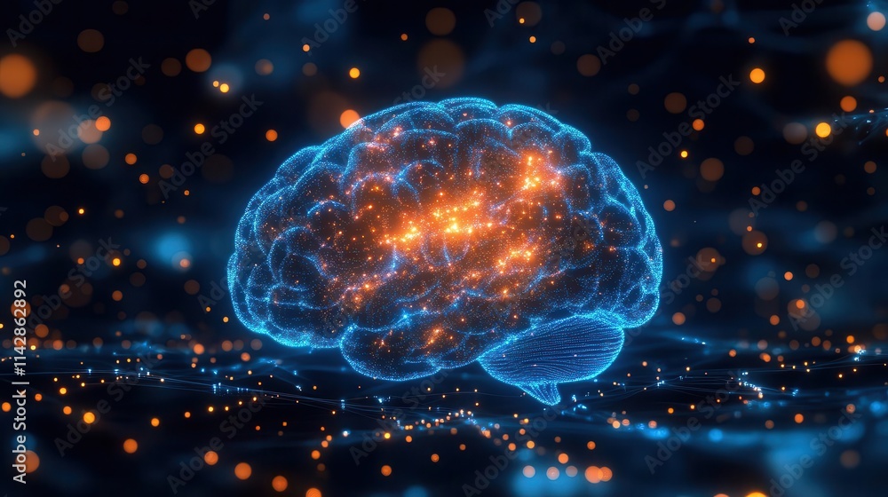 illuminated brain radiating with blue and orange light, symbolizing creativity, thought, and innovation, visually representing the power of the mind in a captivating manner illuminated brain radiating with blue and orange light, symbolizing creativity, thought, and innovation, visually representing the power of the mind in a captivating manner