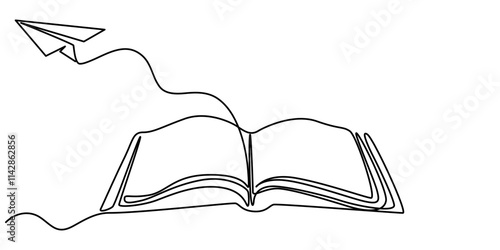 Continuous one line drawing of open book with flying paper plane. Vector illustration on white background, Continuous one line drawing of open book and flying paper plane. Single line drawing.