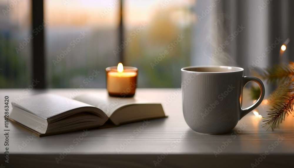 A scene with a stylishly designed mug filled with hot tea, a small book and incense on the table creating a cozy atmosphere. A scene with a stylishly designed mug filled with hot tea, a small book and incense on the table creating a cozy atmosphere.