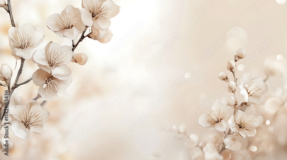 Delicate White Blossoms on Branches Softly Blurred Background Delicate White Blossoms on Branches Softly Blurred Background